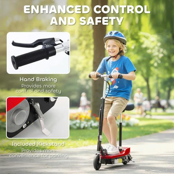 Red electric ride-on scooter with hand brake lever, kickstand, and black handlebar grips.