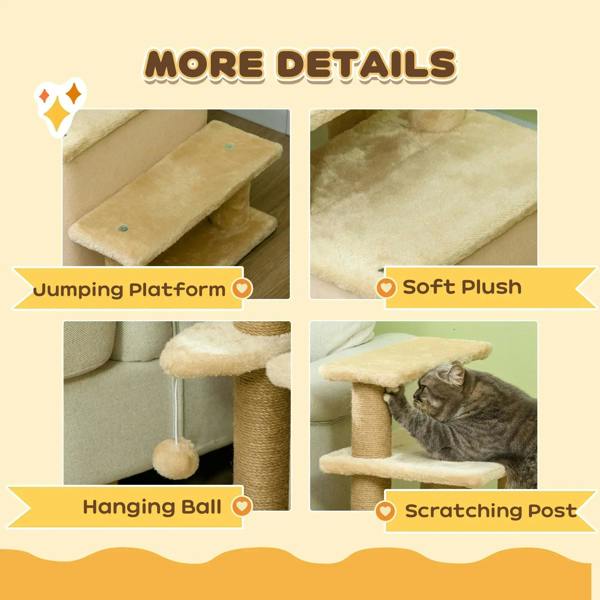 Beige cat tree detail: dangling toy ball, soft plush steps, and sisal scratching posts