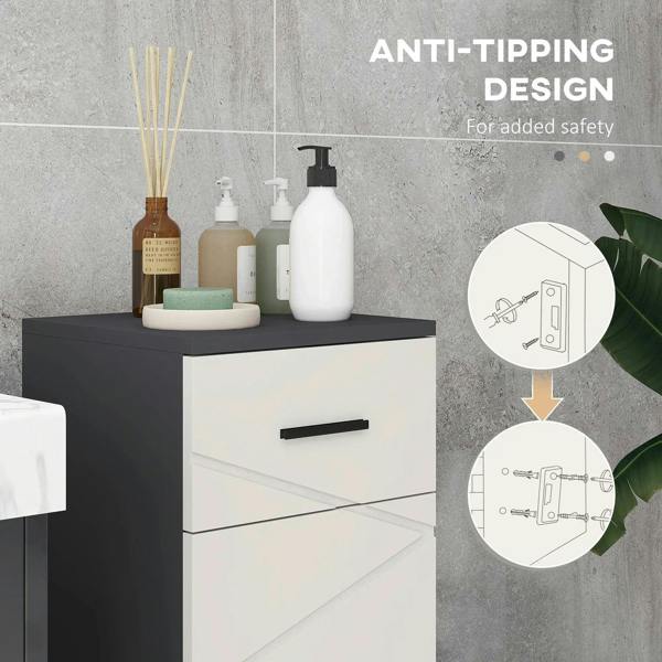 Grey and white slim bathroom cabinet with drawer and anti-tipping hardware