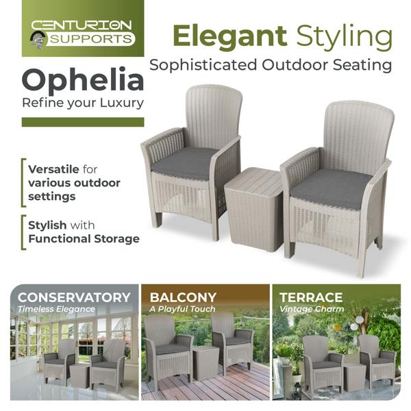 Homeology OPHELIA 3-Piece Rattan Garden Furniture High Back Armchair Set with Side Table in Grey