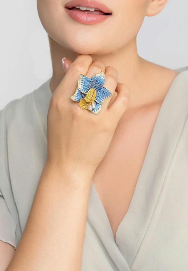 Daffodil With Pearls Cocktail Ring Gold Sapphire CZ - LATELITA Rings
