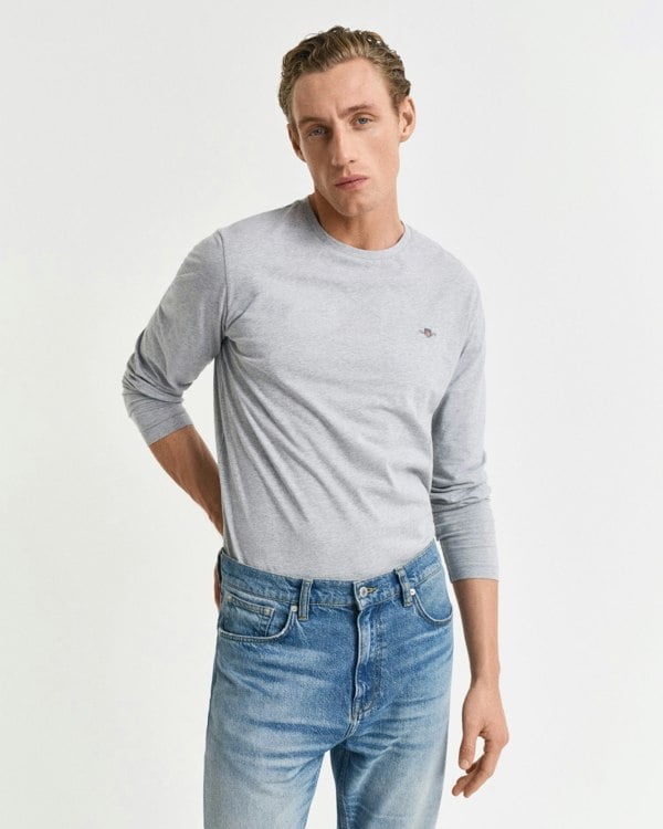 GANT Mens Regular Fit Long Sleeve Shield Logo T-Shirt - 93 Grey Melange