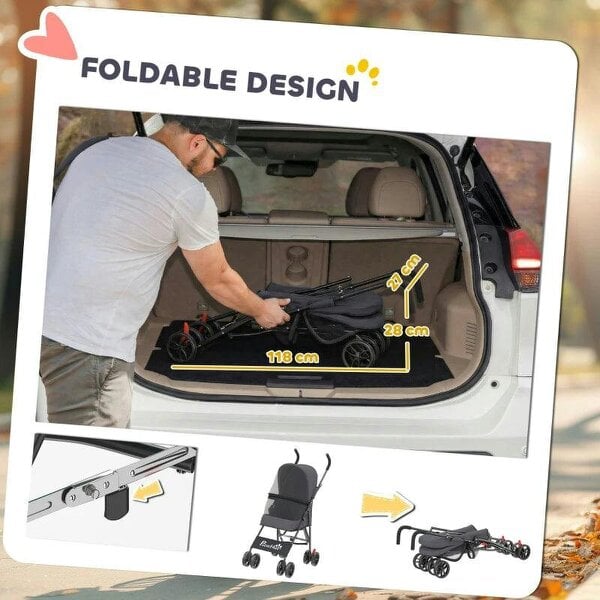 Dog Stroller, Foldable Cat Dog Pram for Miniature Breeds, Pet Stroller with Brake, Mesh Windows, Dark Grey