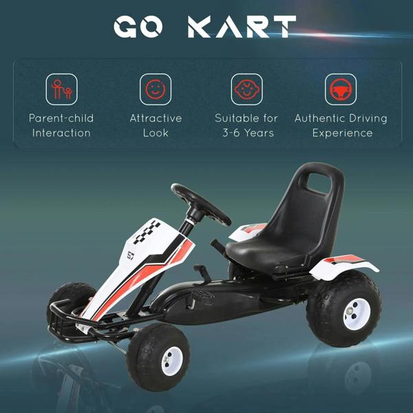 White and black kids pedal go-kart with steering wheel, bucket seat, and four large wheels