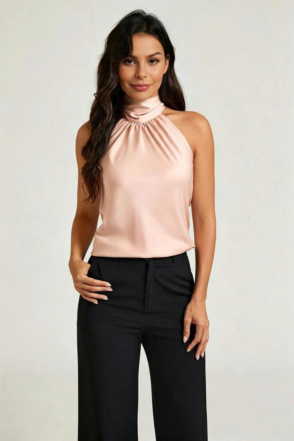 FS Collection Satin Halter Neck Tie Back Top In Dusty Rose