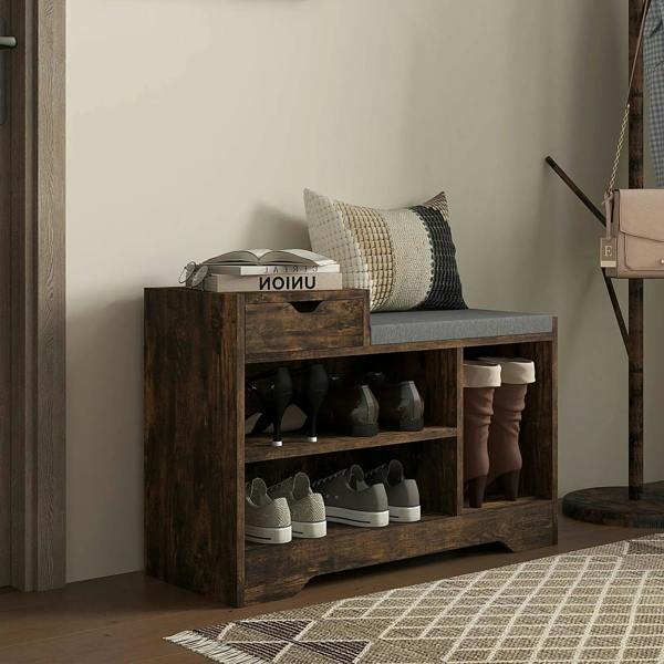 Rustic brown shoe bench with gray cushion and open shelves for shoes and boots