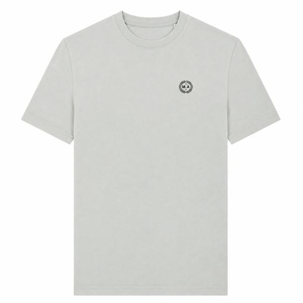 Wolf grey Marshall Artist Delta crew neck t-shirt with a small circular embroidered logo badge on the chest.