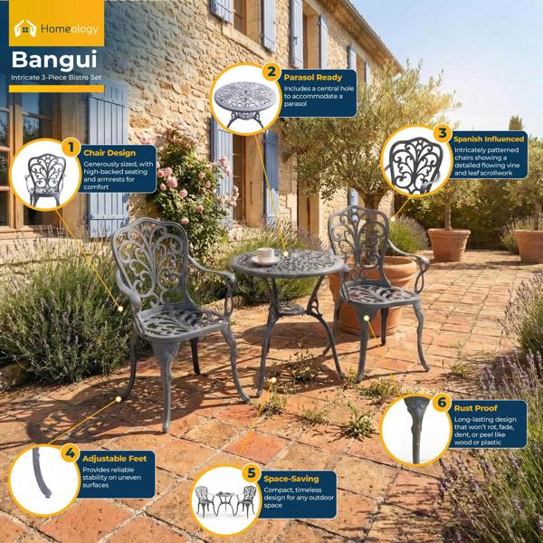 Homeology BANGUI Grey Luxurious Garden and Patio Table and 2 Large Chairs with Armrests Cast Aluminium Bistro Set