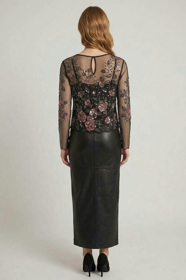 Izabel London Floral Embellished Long Sleeve Mesh Top