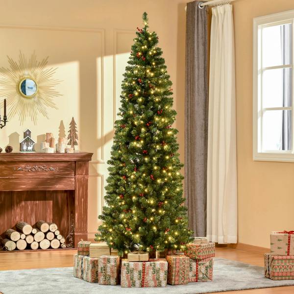 HOMCOM 5FT Prelit Pencil Christmas Tree w/ LED Light, Berry, Xmas Decoration - 75cm x 75cm x 210cm