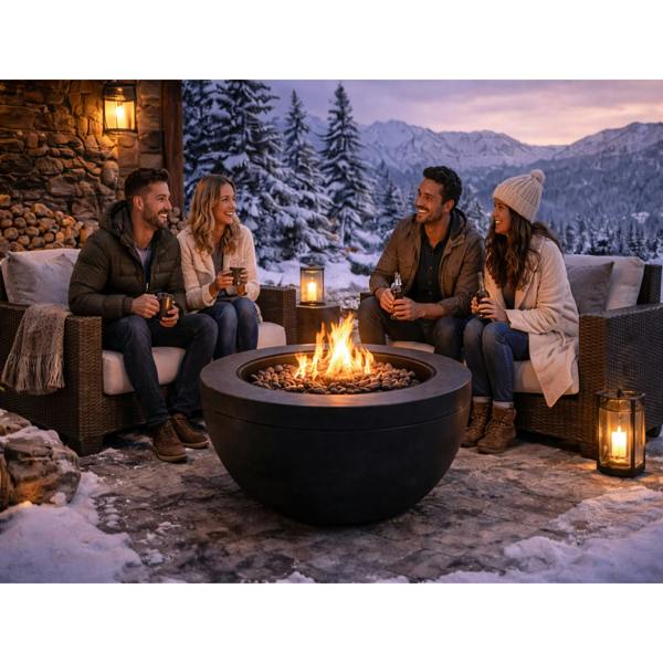 MDA Designs TABITI Black Gas Fire Pit for Garden & Patio - Luxurious Eco-Stone Finish Outdoor Heater Fire Pit