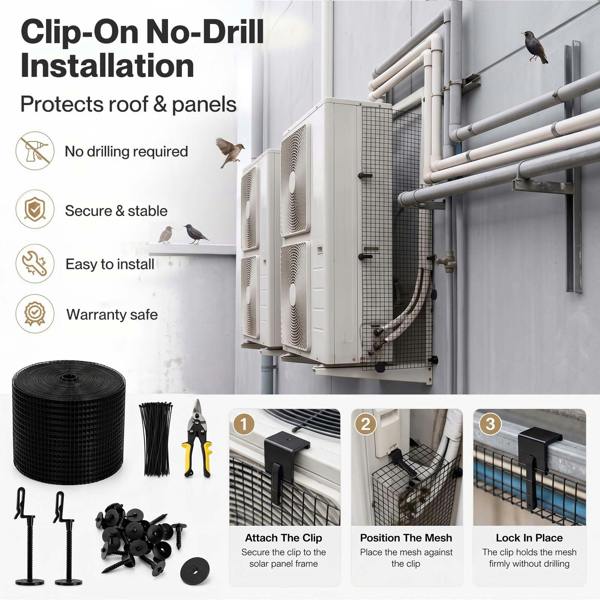 Mountview Bird Proofing Mesh Set PVC 60 Fixing Clips 30m for Solar Panel Black