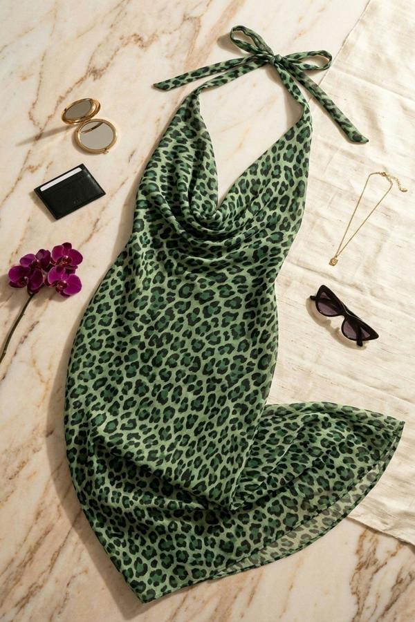 Fatima Printed Deep Cowl Neck Backless Maxi Dress - Green