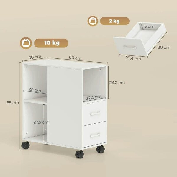 Narrow Mobile Printer Table with Wheels, Rolling Printer Stand with Drawers for Home Office, 30 x 60 x 65 cm, White