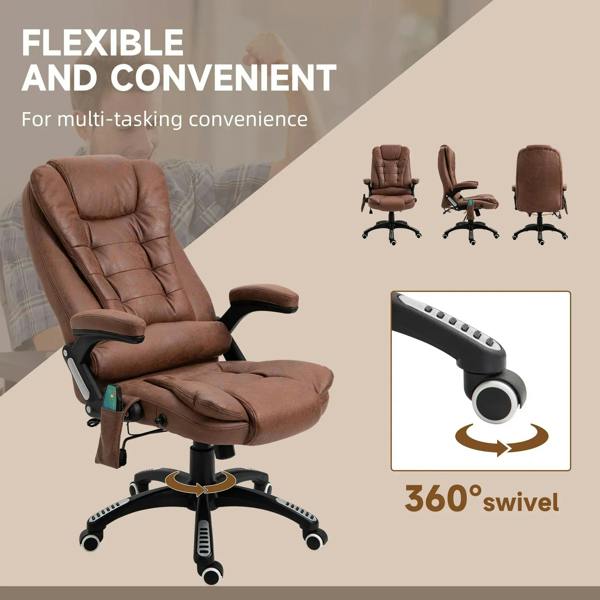 Brown 360° swivel massage recliner office chair with ottoman footrest and rolling base