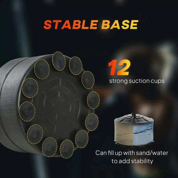 Stable padded base of a black freestanding punching bag stand with suction cups