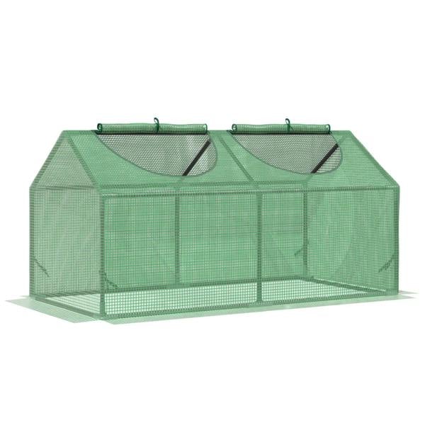 Small green mini greenhouse with mesh sides and two roll-up observation window panels