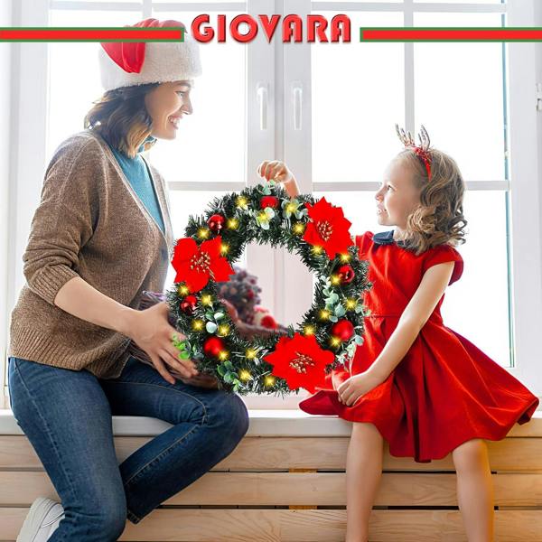 deAO Toys 40cm Christmas Wreath (Hanger Included), Artificial Door Wreath with LED Lights, Xmas Wreath
