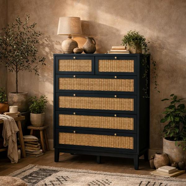 Wyld Haus Waterford Blue Oak and Rattan Chest Of 6 Drawers