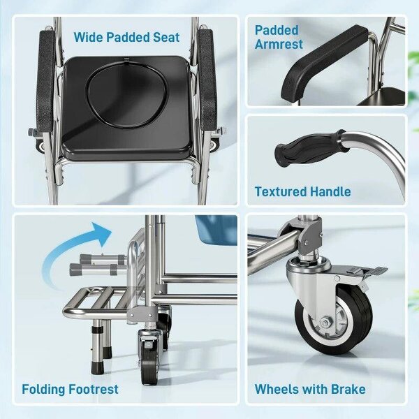 Transport Beside Shower Chair, 3-in-1 Commode Chair with Wheels and Padded Seat, Black