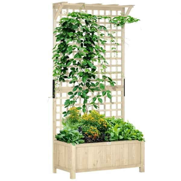 Natural wood raised planter with trellis panel and leafy climbing plants in a rectangular bed