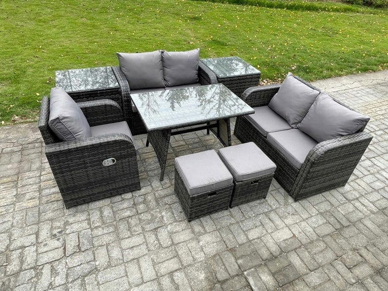 Fimous 7 Seater Outdoor Garden Dining Sets Rattan Furniture With Dining Table Armchairs Love Sofa 2 Small Footstools 2 Side Tables Dark Grey Mixed