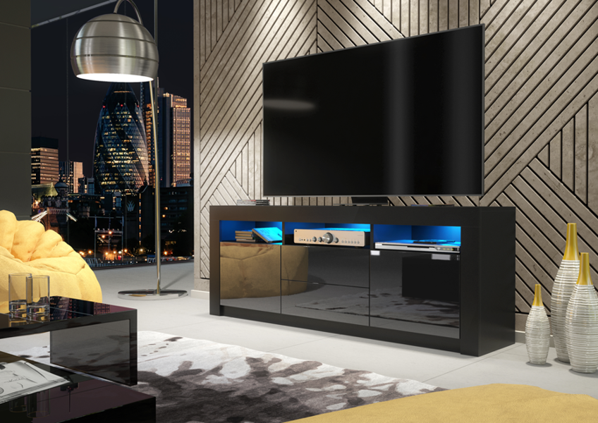 Mex Furniture Spacious 160cm TV Unit & Cabinet with Black High Gloss Doors