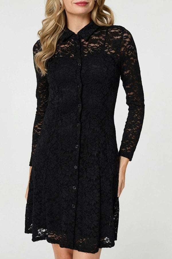 Black | Lace Layer Long Sleeve Mini Shirt Dress
