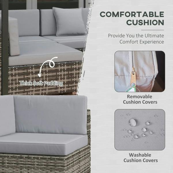 Grey outdoor sofa cushion with removable cover and washable fabric panel close-up.