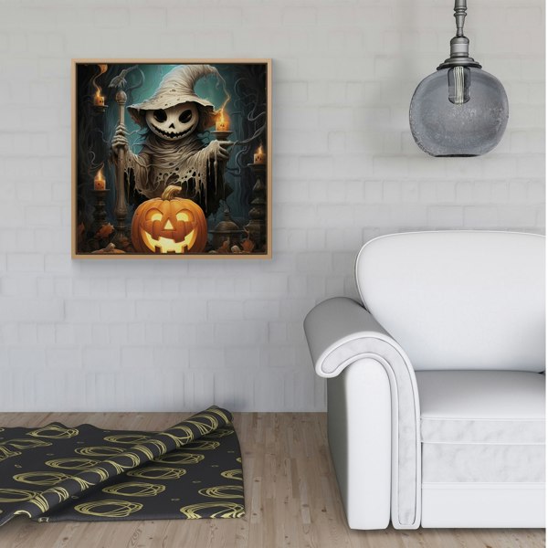 Warren Reed Creepy Ghost With Pumpkins Framed Canvas