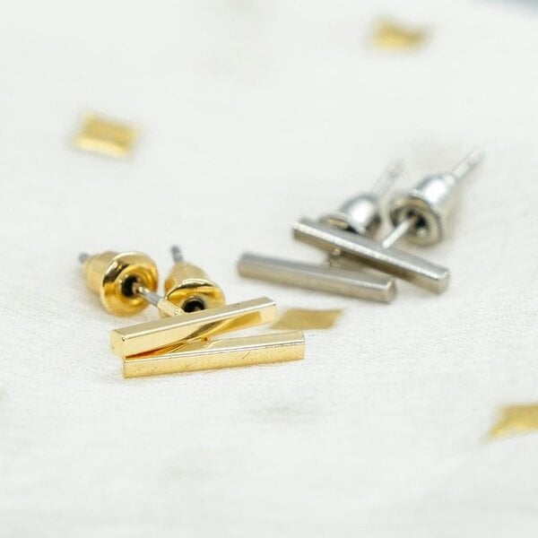 The Colourful Aura Silver Gold Bar Minimalist Geometric Tiny Small Line Staple Unisex Stud Earrings - Gold - Gold