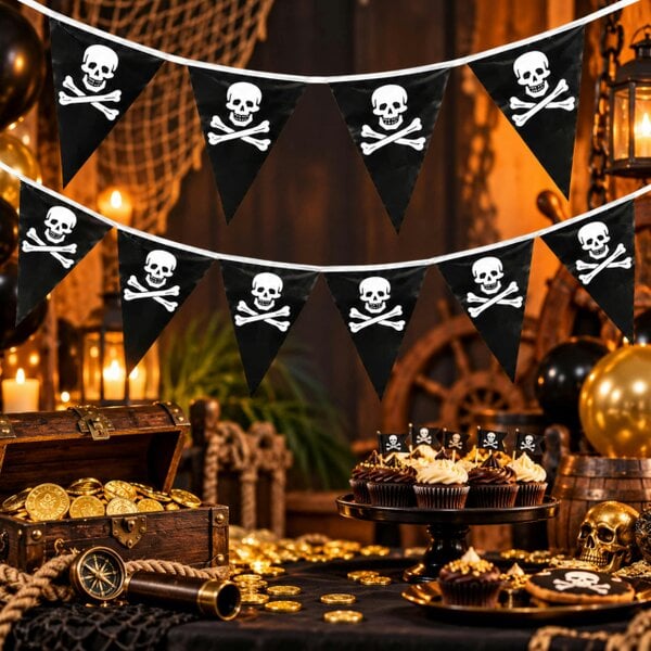 Shatchi 6m Pirate Bunting with Black Skull and Crossbones Pennants for Parties and Displays