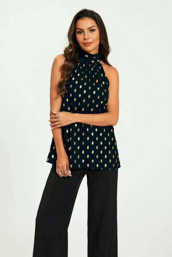 FS Collection Gold Foil Halter Neck Tie Back Top In Black