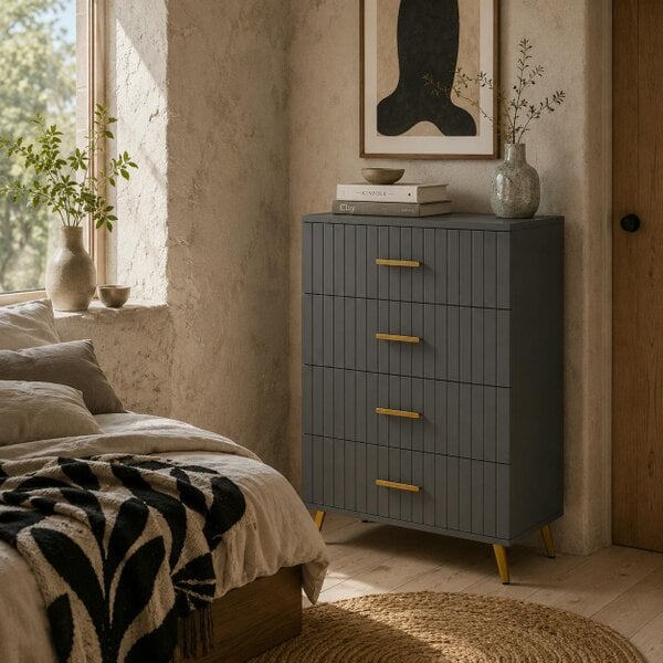 Wyld Haus Zine Wooden Grey And Gold Tone 4 Drawer Embossed Dresser