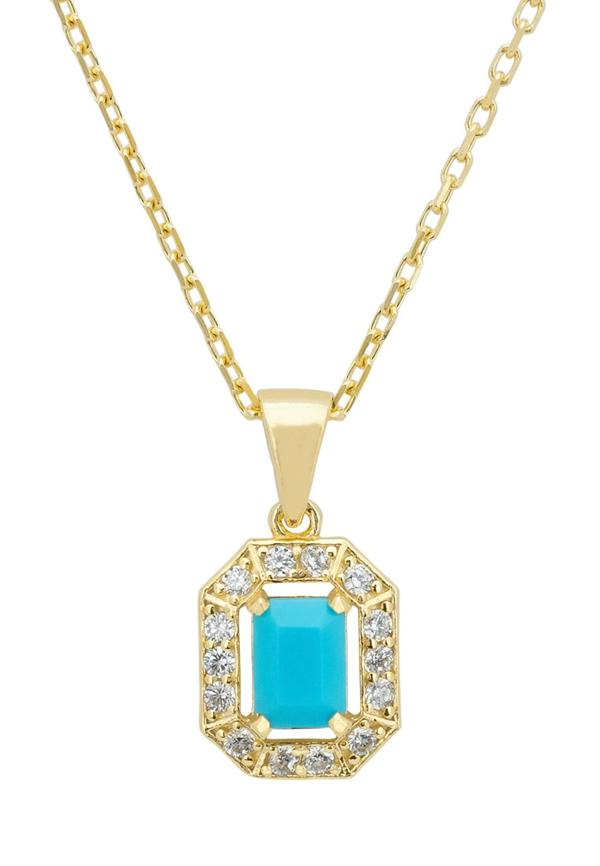 Gold necklace with a turquoise pendant on a white background