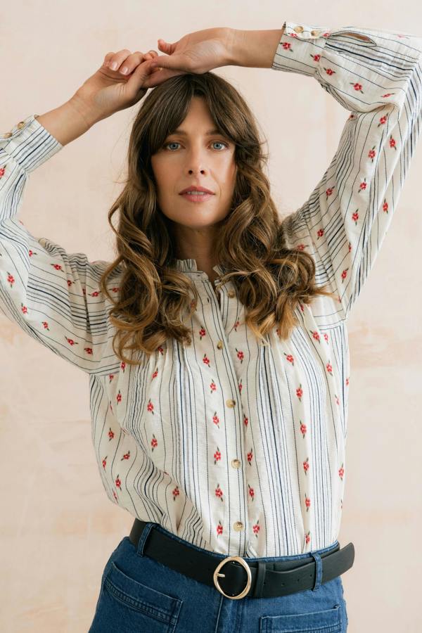 Lily & Me Flora Embroidered Stripe Blouse Ecru
