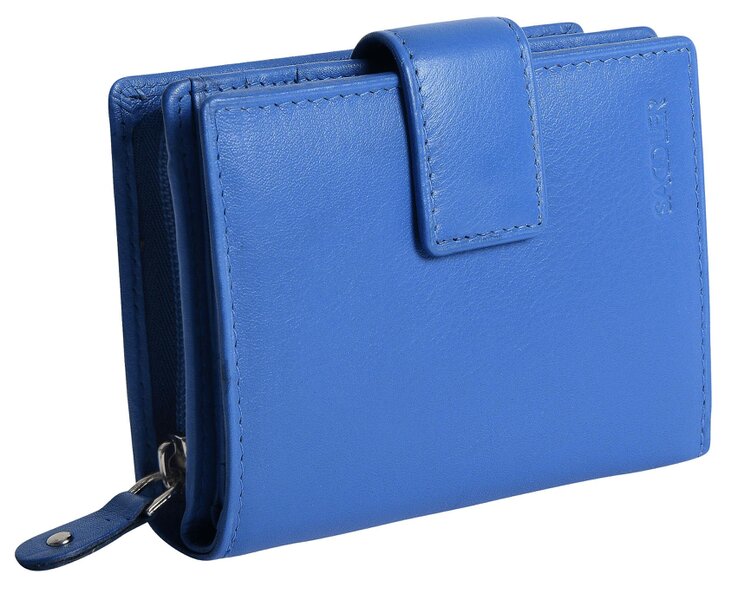 SADDLER EMILY Handmade Leather Mid-Size Wallet – RFID Protected | 10 Card Slots, Secure Tab Closure & Zipped Coin Pocket | Gift Boxed - Electric Blue