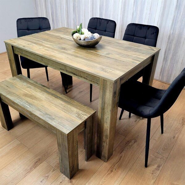 Kosy Koala Modern Rustic Effect Dining Table Set with 4 Black Velvet Chairs and Bench - Kitchen Dining Furniture