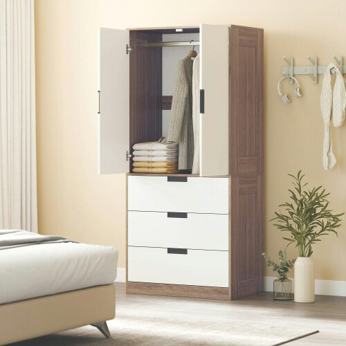 Wyld Haus Coracasa White And Brown 2 Door Wardrobe With Hanging Rail and 3 Drawer Storage Unit