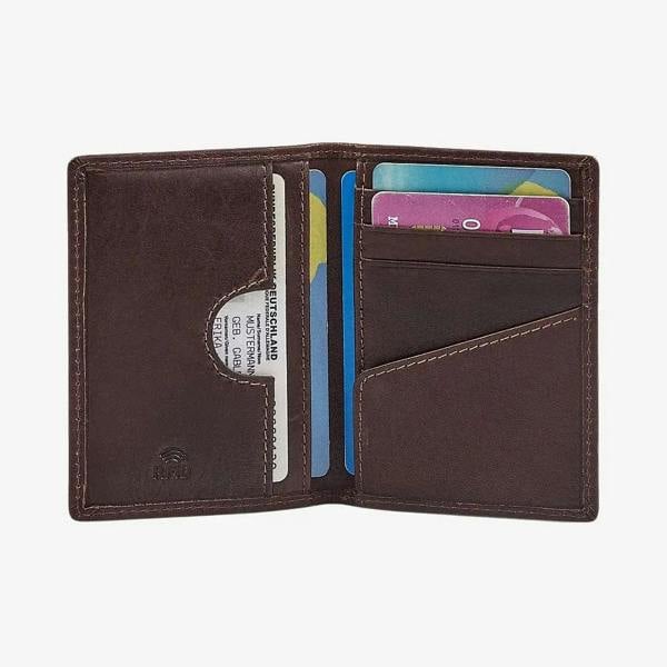 Brown leather card holder with card slots on a white background
