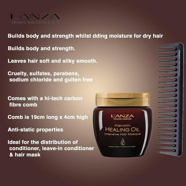 L'Anza Keratin Healing Oil Intensive Hair Masque 210ml + Denman DC11 Distribution Comb
