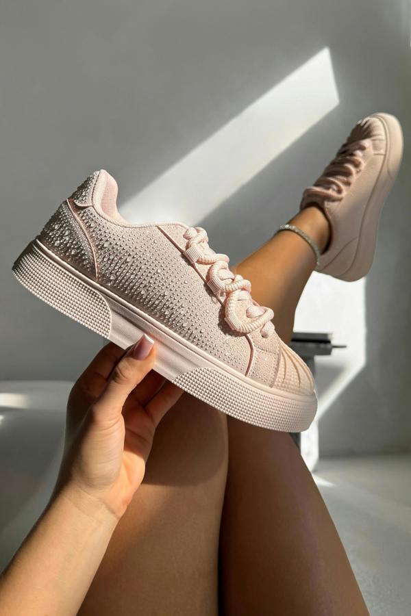 Crystal Embellished Aura Lace-Up Trainers Pink finished with crystal embellished detailing