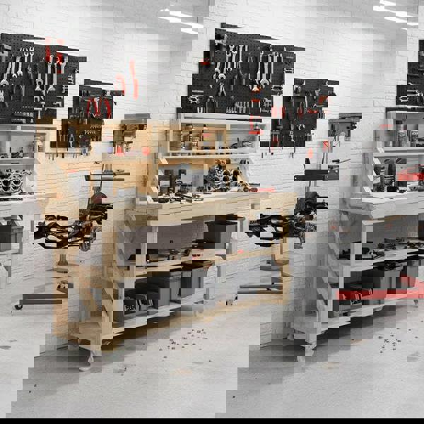 Arbor Garden Solutions Acorn Wooden Workbench With Back Panel, Double Shelf and Wheels