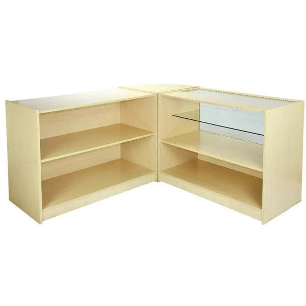 Nova Maple Shop Counter & Retail Display Set features a light maple finish, sleek design, glass shelving, and ample storage space for retail items