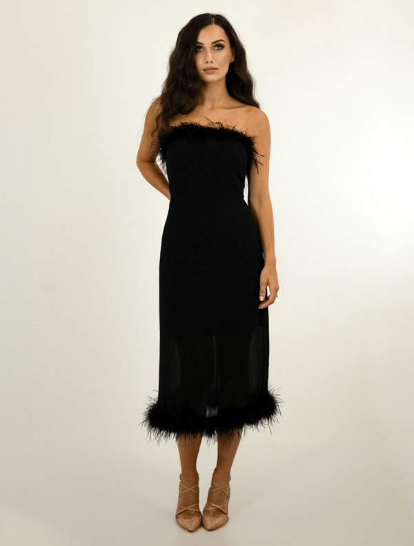 BALOU Ostrich Feather Trimmed Dress - Black