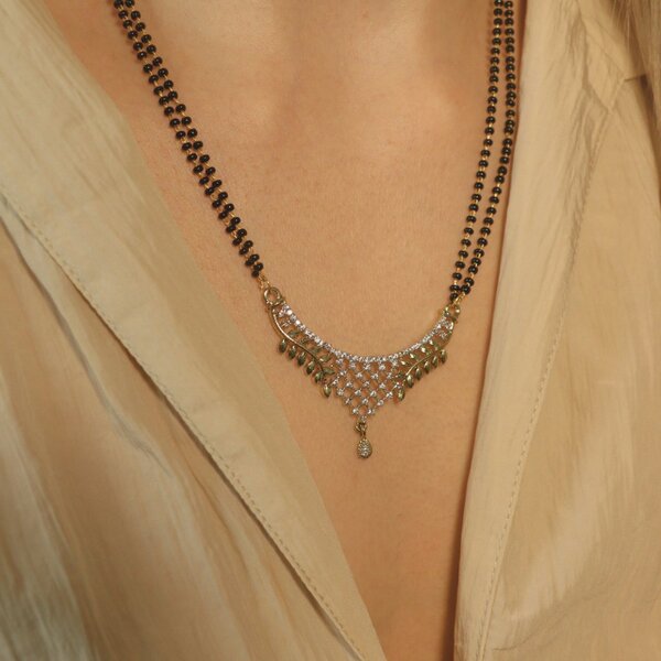 The Colourful Aura Indian Nazaria Gold Leaf Floral Zircon Mangalsutra Black Beads Pendant Necklace