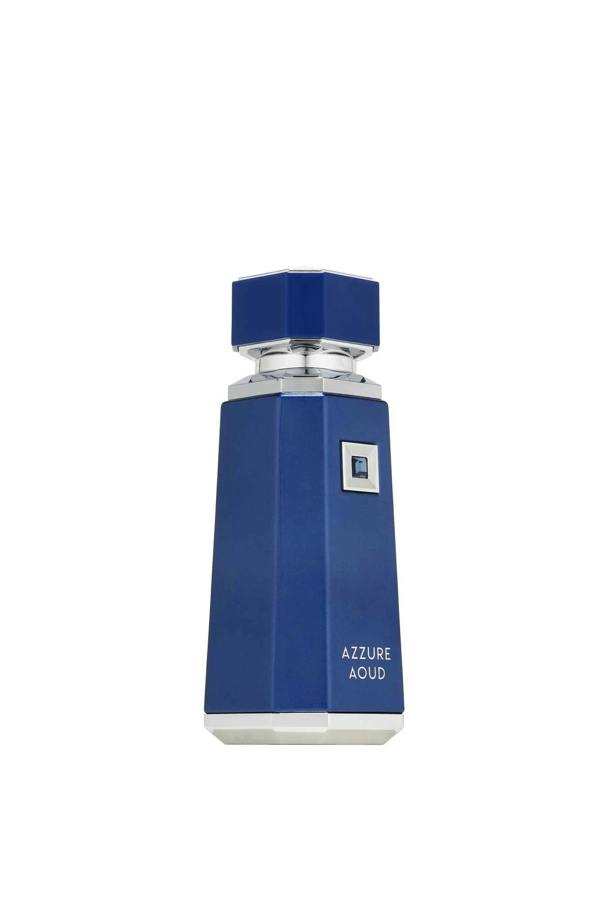 Angled side perspective of French Avenue Azzure Aoud eau de parfum 100ml in a deep blue bottle with metallic silver accents, photographed in a minimalist studio setting.
