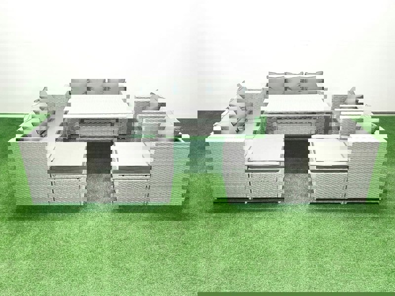 Fimous Rattan Garden Furniture Set Outdoor 8 Seater Patio Dinin g Sofa Sets with Dining Table 2 Chairs 2 Big Footstools Light Grey Mixed