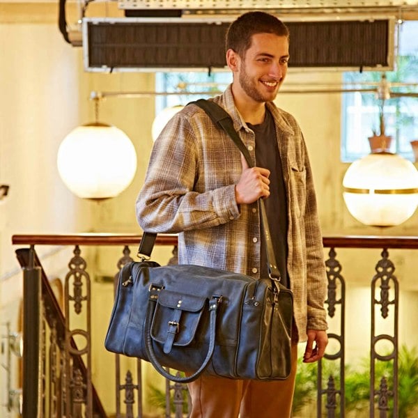 Paper High Black Buffalo Leather Holdall with Zipped Pockets