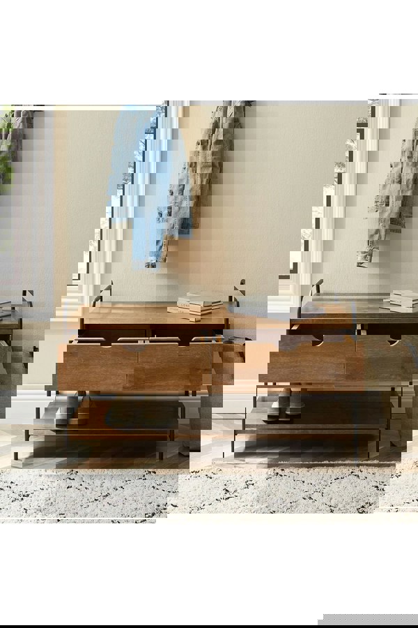 Living and Home Modern 2-Drawer Metal and Wood Entry Bench Shoes Storage Shelf